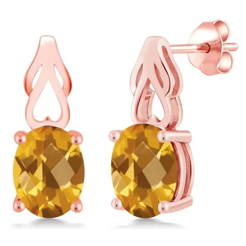 18K Rose Gold 925 with 2.60 Cttw Madeira Citrine Oval Post Back Drop Earrings